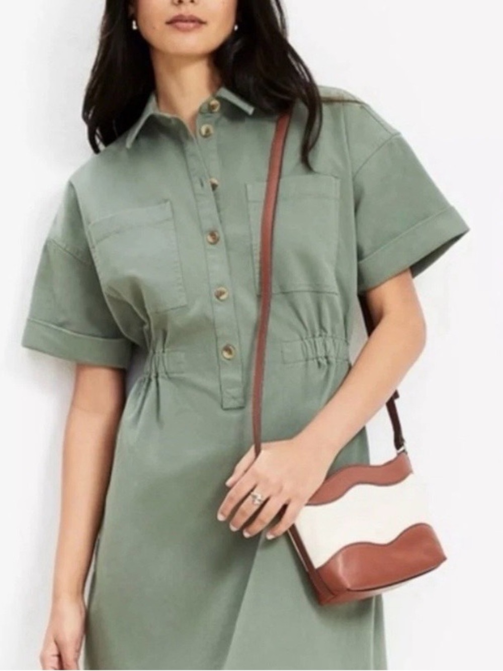 LOFT Olive Green Short-Sleeve Shirt Utility Dress